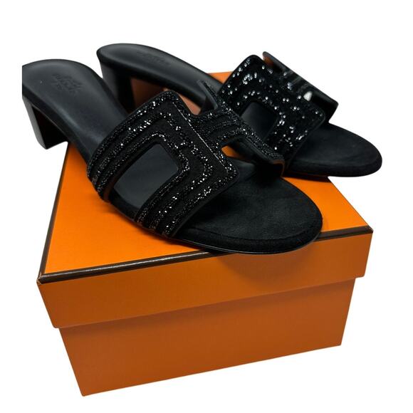 Hermes Oasis Block Heel Sandals Womens 37 US 6.5 Black Suede Arcane Rhinestone - Picture 9 of 10